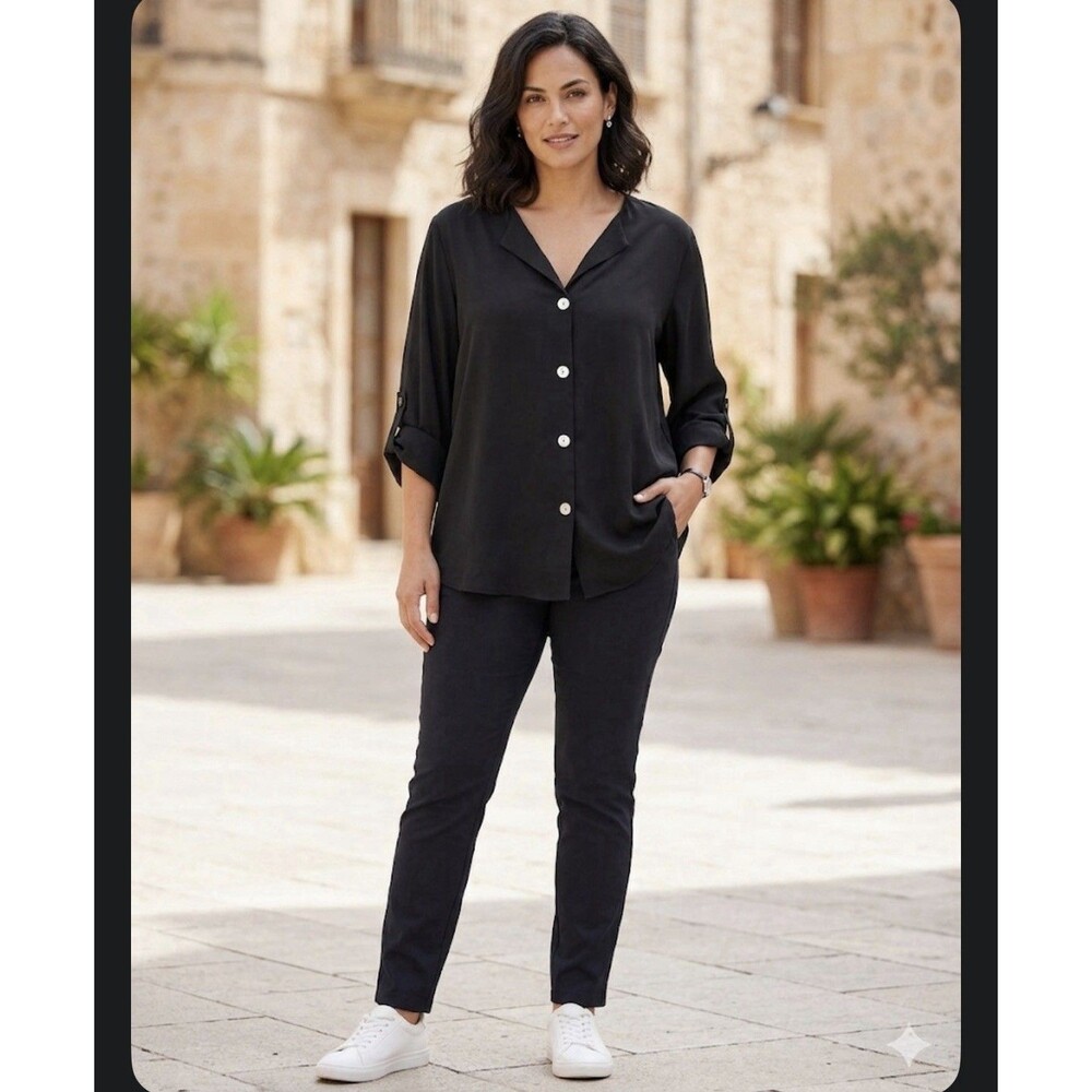 Lotusmile Women’s Shirts 2XL Black Polyester Button Down Roll Tab Sleeve Lapel